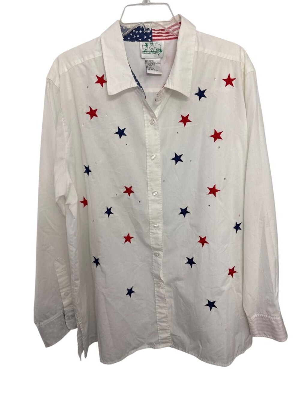 Quacker Factory Womens Patriotic Star Button-Up Shirt Size 2X White Red & Blue S